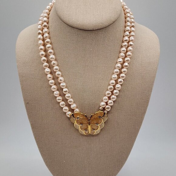 Kenneth Jay Lane Jewelry - Vintage KJL For Avon Faux Pearl, Enamel Butterfly Necklace